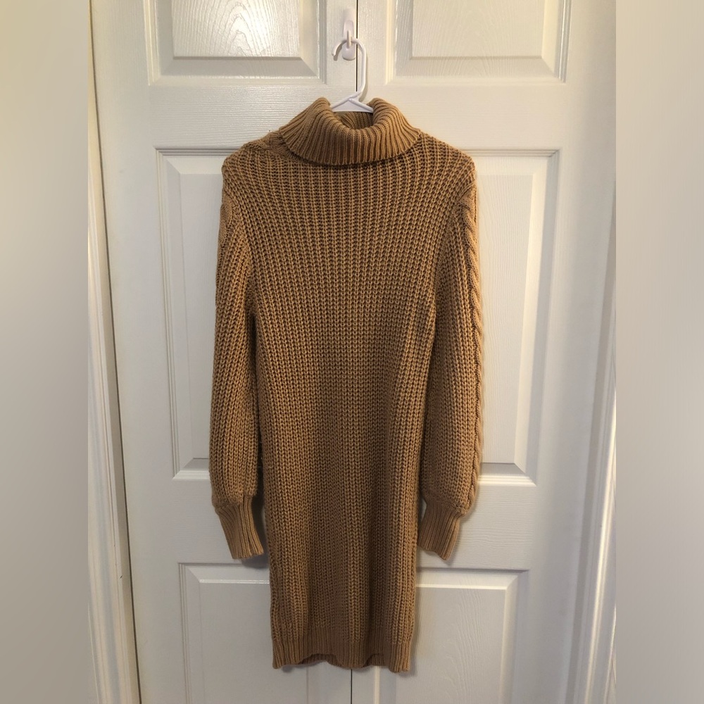 Brave Soul Camel Cable Knit Turtleneck Sweater Dress - Picture 3 of 6